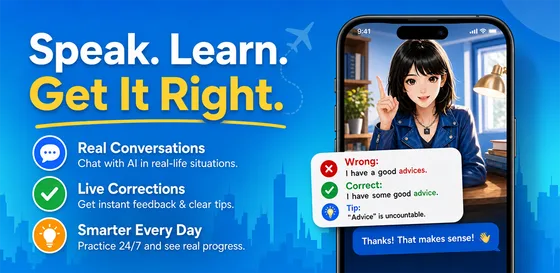 SpeakEgo app showing conversation practice and live corrections