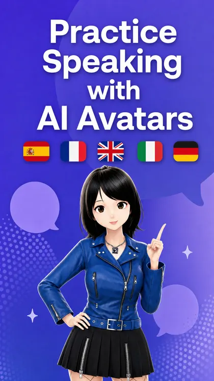 SpeakEgo AI teacher with flags for Spanish, French, English, Italian, and German