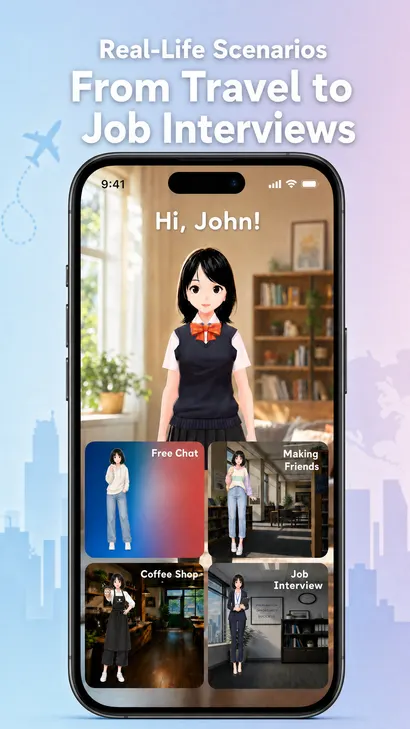 SpeakEgo scenario selection for travel, coffee shops, friends, and job interviews